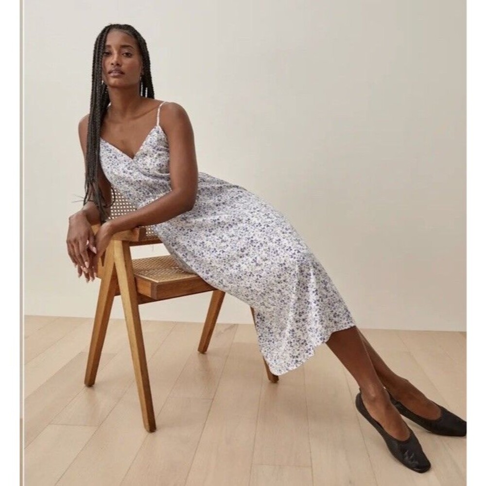 Reformation Bianka Dress Women 2 Blue White Floral Midi Tencel Lyocell Resort - Picture 2 of 9